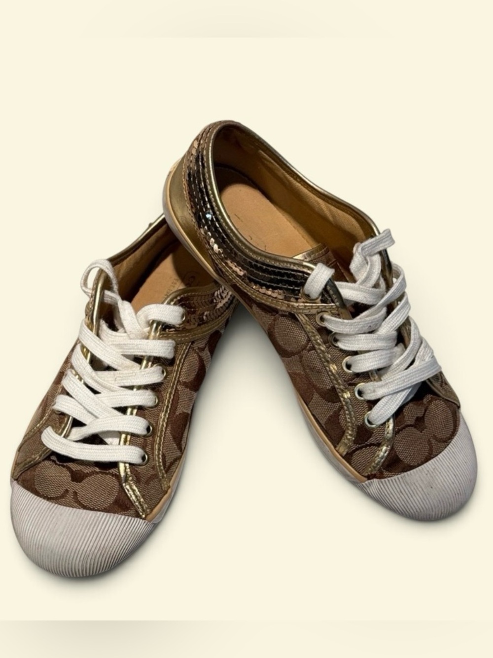 Coach Brown Signature Canvas Sneakers with White Toe and Gold Accents